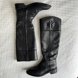 Tory Burch Lowell 2 Logo Tall Riding Boots Black Leather Zip 50869